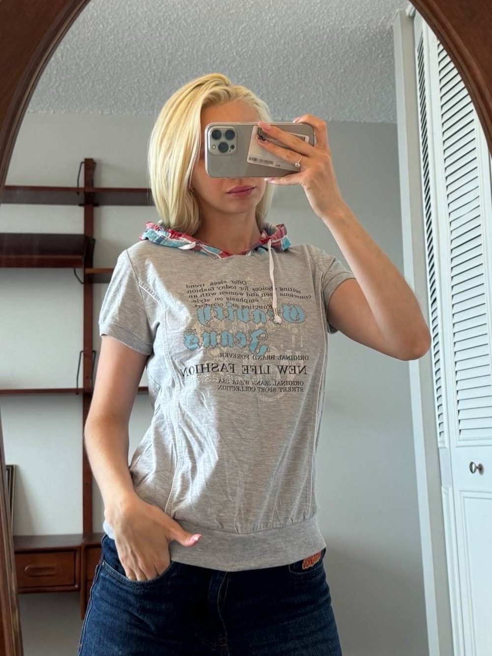 Faded Glory Gray Plaid Hooded Short Sleeve Top